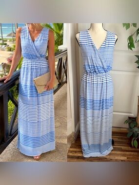 Vineyard Vines Striped Sleeveless Surplice Nautical Maxi Dress Blue White Sz M